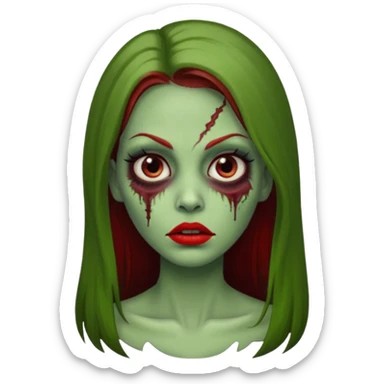 Zumbi feminino, de pele verde, cabelo longo liso e castanho. Labios vermelhos, rosto oval e cilios grandes sticker