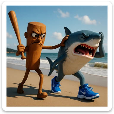 create this image with 4 different emotion to each of them .CREATE ONE WHERE THE ONE WITH THE STICK IS BEATING THE OTHER.
 sticker