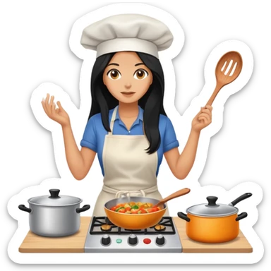 cooking, black long hair tanned woman, casual clothing sticker