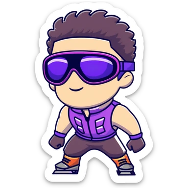 male athlete with white skin and moderately curly dark brown hair on top with shaved sides, wearing ski goggles with purple frames and very dark black lenses, a simple plain black chain necklace, and a completely unzipped sleeveless vest with purple and black sequin fire pattern design with no logo, fully revealing his chest, shoulders and arms, no earrings sticker