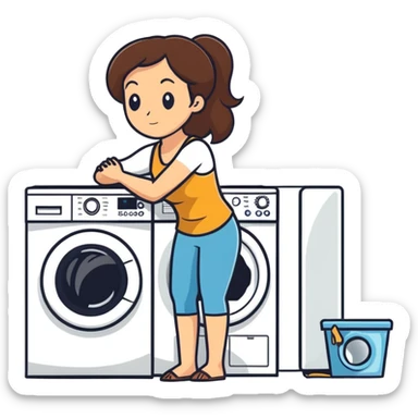 Caucasian woman with brown hair and huge boobs wearing a tank top kneeling next to washer and dryer sticker