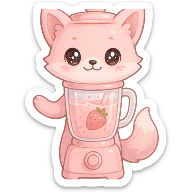 full-body pastel pink fox shaped like a blender with transparent body showing a fruity smoothie inside, sparkling eyes, transparent background sticker