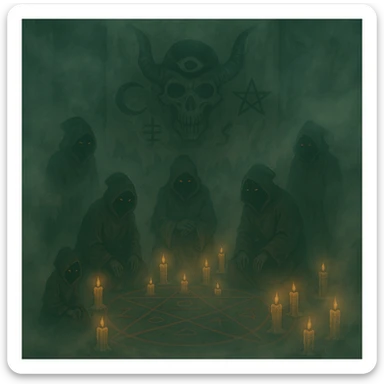 Add thick fog and swirling mist throughout the scene to enhance the creepy atmosphere, keep all other details unchanged. sticker