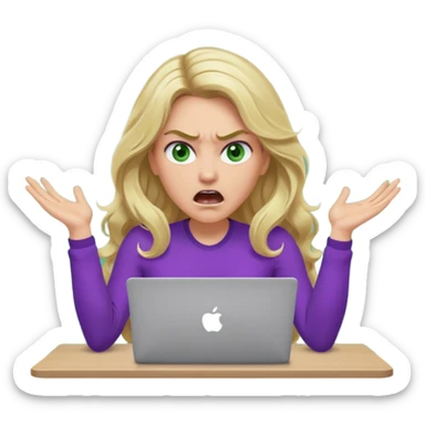 lady with long wavy blonde hair, purple top, green eyes, at desk with hands and face gesturing very angry and shouting, with a purple mac laptop  sticker