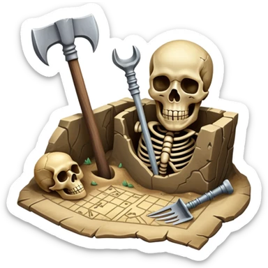 An icon featuring a shovel, pickaxe, and ancient artifacts, symbolizing archaeology. The design includes a partially unearthed skeleton and a treasure map, representing the discovery of past civilizations. Transparent background emphasizes the adventure of uncovering history. sticker