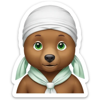Cool brown bear with confident expression and green eyes wearing a crisp white durag with the ties showing, iOS emoji style sticker