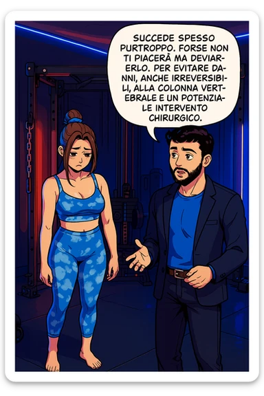 fai questa immagine in versione fumetto/manga/webtoon a colori, il manga mostra l'uomo che risponde alla donne:
Succede spesso purtroppo. 
Forse non ti piacerà ma devi saperlo, per evitare danni, anche irreversibili, alla colonna vertebrale e un potenziale intervento chirurgico. sticker