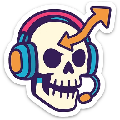a skull with a respawn arrow through it, wearing a headset, vibrant toon style, for a sassy gaming group sticker