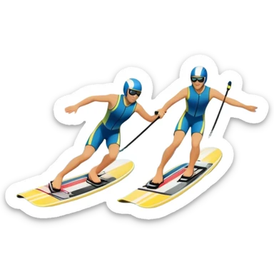 A humanless icon showing a close-up pair of water skis skimming across the surface of a lake in motion. The design includes a wake behind splashing water, and the sun reflecting on the water. Transparent background highlights the speed and thrill of water skiing. sticker