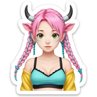 En anime-jente med to rosa lange tykke fletter og cyan striper i håret, ku-horn og ku-ører, sort BH-topp over en gul cropped-fleece-blouse sticker