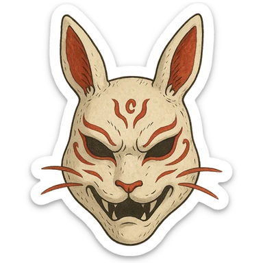 ghibli style evil white rabbit mask with red accents, intricate details sticker