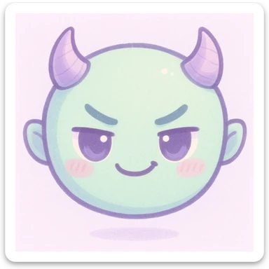 devil emoji, chibi style, pastel palette with mint green and soft purple colors, tiny horns, cute but mischievous expression sticker