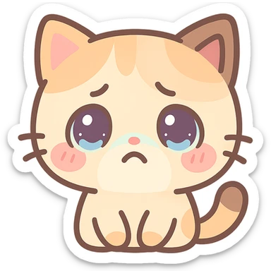 kawaii chibi-style cat emoji with pastel orange and brown cream fur, anime-style sad expression, sparkly eyes, blushing cheeks, pastel color palette, soft rounded design, vector art sticker