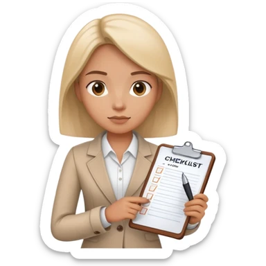 A person holding a checklist and pen is wearing smart casual clothing. The character is in a focused pose sticker