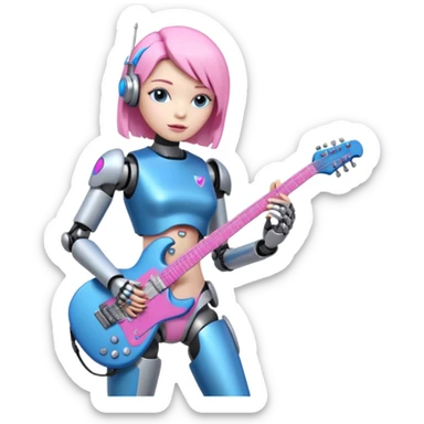 a cyper robot carry her note and electric guitar and try to change the world with pink and bluecolor sticker