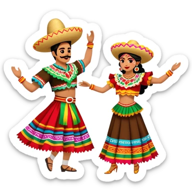 Cinematic Realistic scene of two performers dancing the Jarabe Tapatío, dressed in colorful traditional Mexican costumes with intricate embroidery, captured in energetic, festive motion with vibrant, celebratory lighting sticker