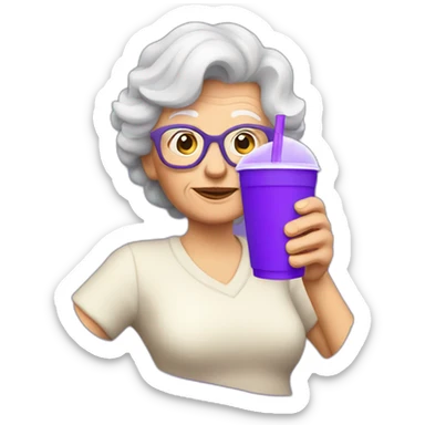 grandma drinking a purple soda from a styrofoam cup sticker