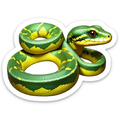 cinematic-green tree python-realistic-full-body-coiled-emoji,-thick-scaled-body-looped-tightly,-intricate-brown-and-gold-patterned-scales-reflecting-light,-head-tilted-dramatically,-slitted-eyes-staring-calmly,-simplified-yet-realistic-focused-feature sticker