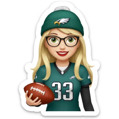 full length women wearing eagles uniform, long blonde hair, styled bangs, green eyes, black glasses, holding football, number 33, smiling, lipstick, eagles beanie sticker