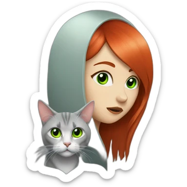 Girl with long straight red hair, sad and heavy metal with white and grey cat with green eyes over her head  sticker