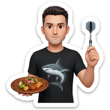 a handsome man wearing a t-shirt with a shark image on it.  He's holding great food on his left hand and a dart on his right hand sticker