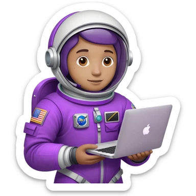 astronaut with purple suit and a macbook sticker