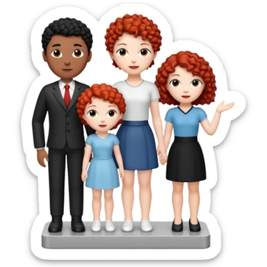 crie uma figurinha com uma família de três uma mulher branca de cabelo  cacheado curto vermelho um homem branco de cabelos preto e uma menina branca de cabelos cacheados preto sticker