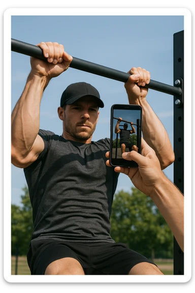 uomo che fa Muscle up e si sta filmando davanti con il telefonino per vedere la sua posizione dei gomiti e delle mani sulla sbarra sticker