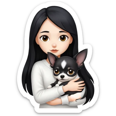 Fair skin girl - long black hair - white clothes - hugging a black chihuahua sticker