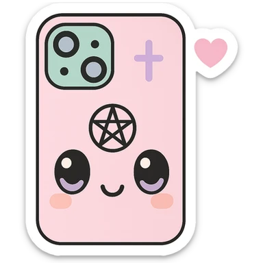 Remove any purse or purse-matching elements. Focus only on a white and black gothic kawaii phone case with big eyes, smiling, playful, cartoonish style, and gothic symbols. No purse references. No background. sticker