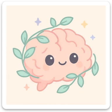a brain entwined with a leafy vine, radiating warmth and calm, symbolizing growth and healing, soft pastel palette, gentle glow, cozy and nurturing atmosphere, warm tones, representing positive mental health, mental health support theme, stylized, uplifting sticker