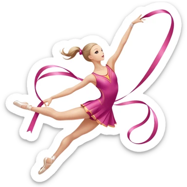 A graceful rhythmic gymnast performing with a flowing ribbon, executing an elegant leap mid-air. The pose exudes flexibility, balance, and artistry. The background suggests a competition arena with soft lighting, emphasizing movement, precision, and the beauty of the sport. sticker