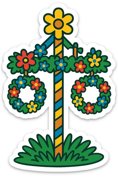 Add traditional Swedish details to the midsommarstång: a wooden crossbar, two large floral wreaths at the ends, blue and yellow ribbons spiraling around the pole, and a leafy garland in a U-shape between the wreaths, maintaining the vibrant toon style. sticker