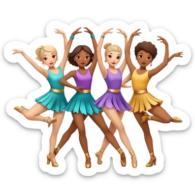 Icon for Contemporary Dance: a synchronized group dance performance with dancers in modern outfits, performing on stage with bright spotlighting and energetic movement. The icon should capture the dynamic and vibrant nature of contemporary dance. Transparent background. sticker
