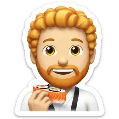 An emoji of a guy eating Sushi with a red beard and blond hair sticker