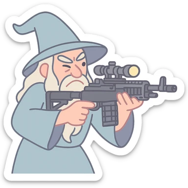 Gandalf the Gray aiming an M-14 EBR, about to 360 no-scope, whimsical, soft pastel tones, pastel toon style sticker