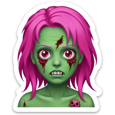 Create a zombie emoji in the style of an iPhone emoji, longo Hot pink hair sticker