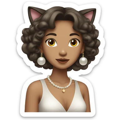 brunette wavy hair asian wearing pearl necklace and cat ears sticker