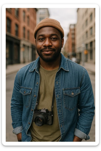 A black man with a camera around his neck, candid pose, urban background. sticker