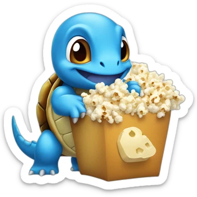 Blue cartoon Pokemon turtle with brown shell eating popcorn sticker