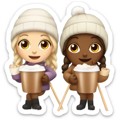 Two girls one beige skin one tanned and they are skiing with hot chocolates  sticker
