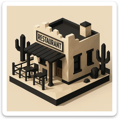 isometric exterior of a southwestern restaurant, black, beige, and white color palette, dollhouse style, low-poly polygonal 3D look sticker