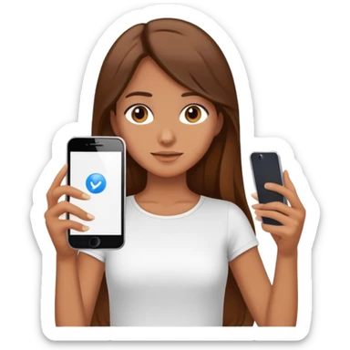 girl with long brown hair wearing a white top holding a smartphone sticker
