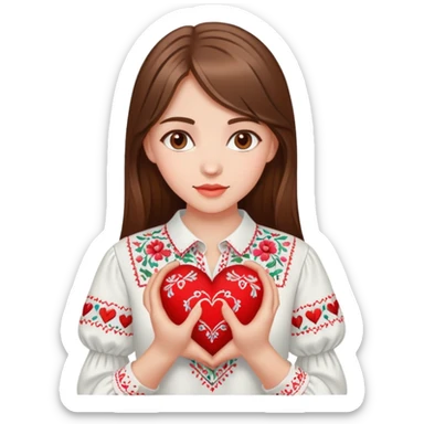 Beautiful young girl with brown hair in a white Ukrainian embroidered shirt holding a large embroidered heart sticker