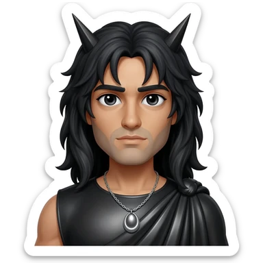Hades from Greek Mythology with black eyes, long black hair, black metallic toga, silver necklace sticker