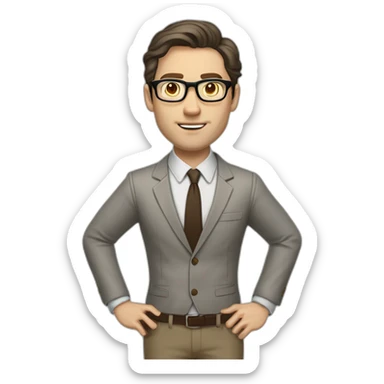 Full height Gesticulating Pale skinned fit man with dark brown hair in gray jacket, beige office shirt, brown tie, brown pants and vintage glasses. sticker