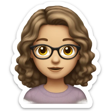 girl with brown slightly wavy hair, kinda like a subtle blowout, glasses that have a very thin metal frame, round but kinda cat shaped, brown eyes, fair skin sticker