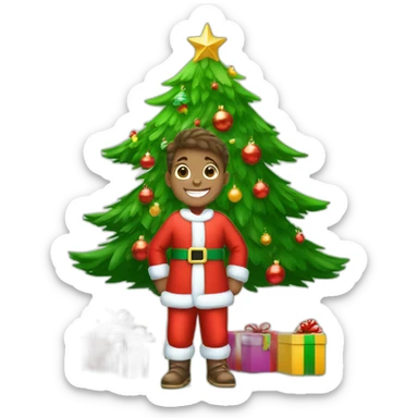 happy boy with red cristmas dress and gifts under cristmas tree sticker