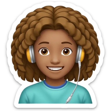Faça um adolescente de cabelo cacheado médio sorrindo com um aparelho dental e fones de ouvido, com um moletom branco sticker