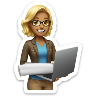 A marketing girl with a laptop in her hands smiles sticker